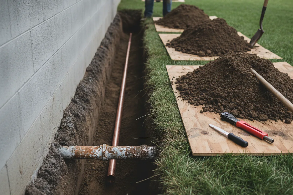 Excavated water line trench during Water Softener Installation in Hermitage